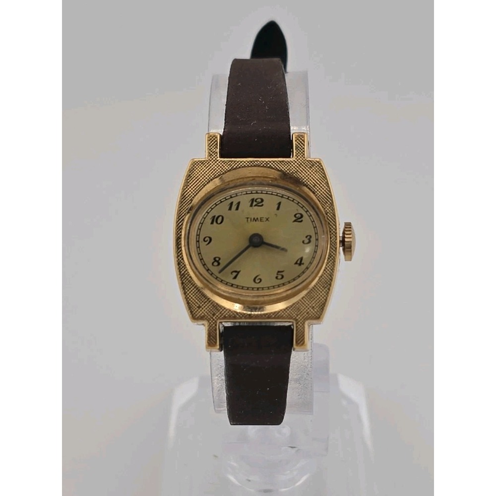 Vintage Ladies Timex Watch Mechanical Wind Gold Tone Cushion Shape - Works Well